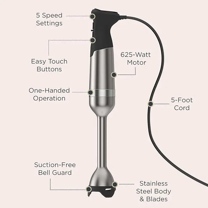Vitamix 5-Speed Immersion Blender 5-Piece Bundle, 625-Watt Motor, One-Handed Operation, 5 ft cord, includes Mini-Chopper, Blending Jar, Whisk Attachment & Storage Case, Stainless Steel/Black image 3