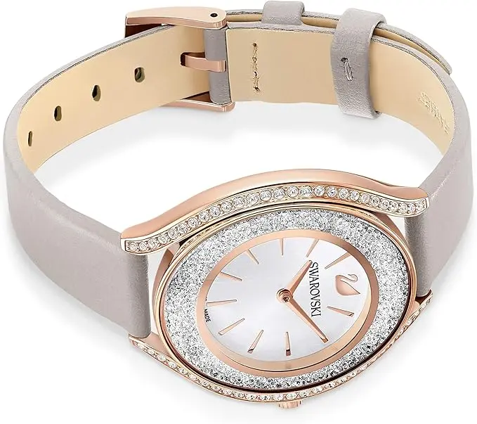 Swarovski Crystalline Aura Watch, Taupe Leather Strap, Rose-Gold Tone Finish, Clear Crystals, Swiss Made, Part of The Crystalline Watch Collection image 2