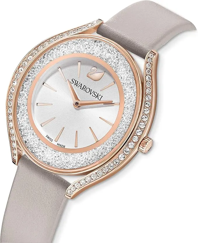 Swarovski Crystalline Aura Watch, Taupe Leather Strap, Rose-Gold Tone Finish, Clear Crystals, Swiss Made, Part of The Crystalline Watch Collection image 3
