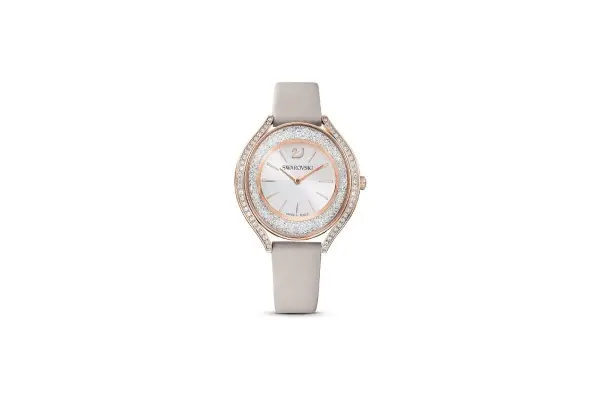 Swarovski Crystalline Aura Watch, Taupe Leather Strap, Rose-Gold Tone Finish, Clear Crystals, Swiss Made, Part of The Crystalline Watch Collection image