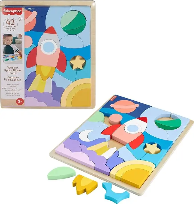 Fisher-Price Wood Preschool Toy Space Blocks Jigsaw Puzzle, 42 Wooden Pieces for Stacking & Sorting Play Kids Ages 3+ Years image 1
