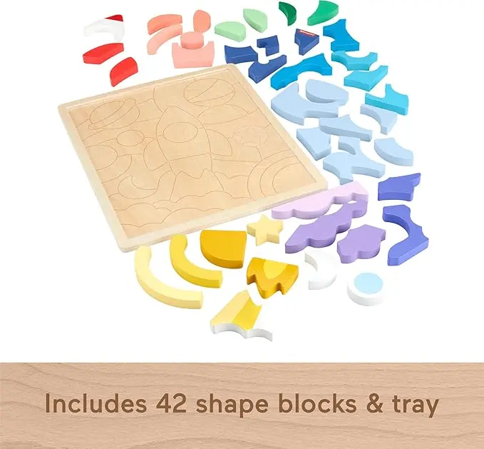Fisher-Price Wood Preschool Toy Space Blocks Jigsaw Puzzle, 42 Wooden Pieces for Stacking & Sorting Play Kids Ages 3+ Years image 2