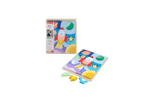 Fisher-Price Wood Preschool Toy Space Blocks Jigsaw Puzzle, 42 Wooden Pieces for Stacking & Sorting Play Kids Ages 3+ Years image