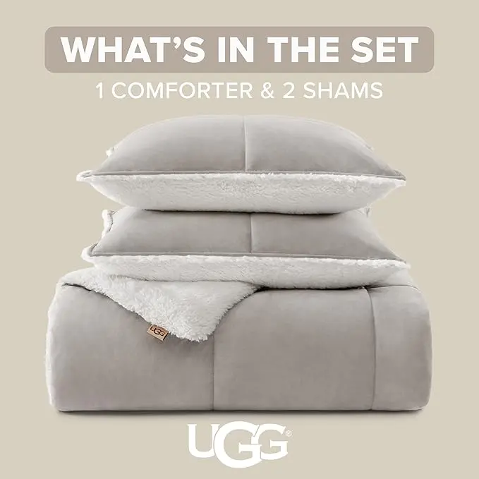 UGG Blissful Queen Comforter Set with 2 Pillow Shams, Reversible Quilted Bed Comforter, Ultra Warm Winter Bed Set, Down Alternative Bedding, Full/Queen Size, Seal Grey image 2