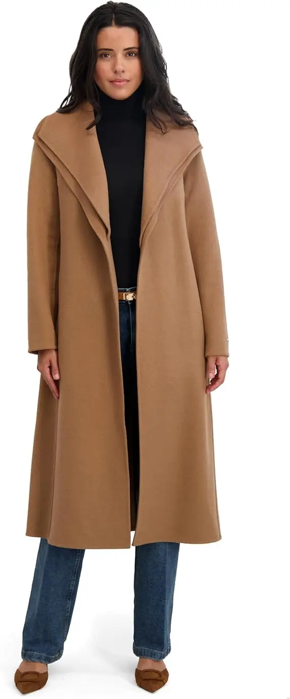 TAHARI womens Slim Fit Double-faced Soft Wool Blend Wrap Coat With Tie Belt – Long Wool Coat image 1