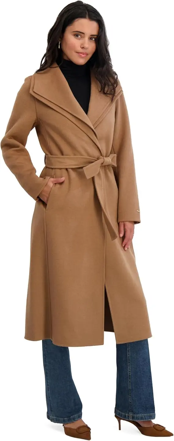 TAHARI womens Slim Fit Double-faced Soft Wool Blend Wrap Coat With Tie Belt – Long Wool Coat image 2